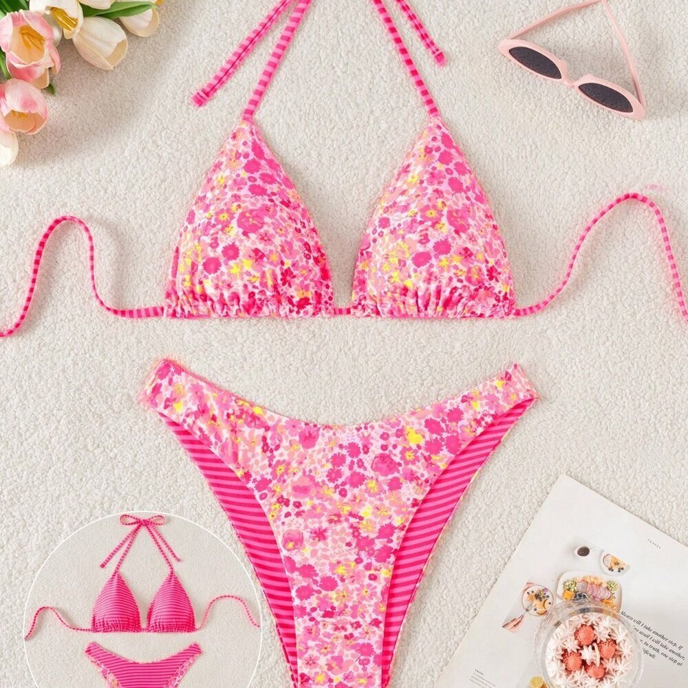 Pink Sexy Women's Reversible Print Bikini Set